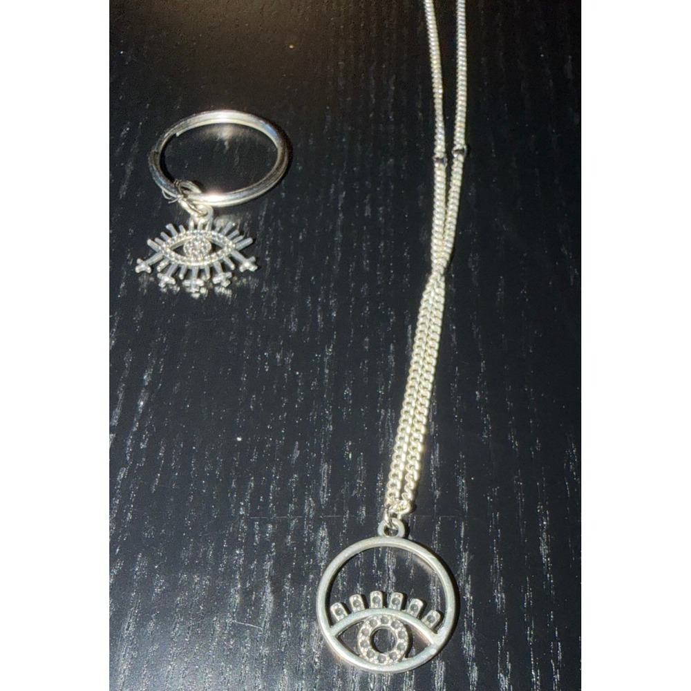 Silver Tone Evil Eye Circle Cutout Pendant Necklace & Keychain